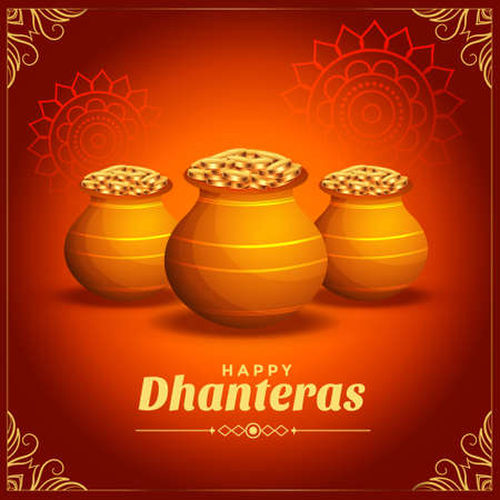 decorative happy dhanteras festival card with golden coins potのイラスト素材