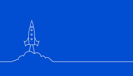 line style flying rocket blue backgroundのイラスト素材
