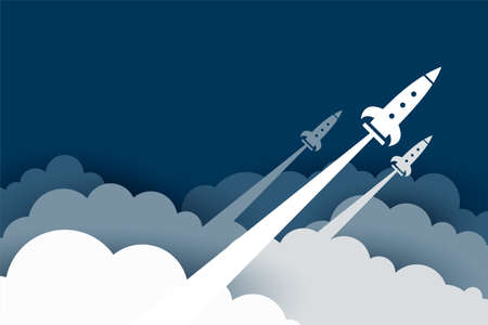flying rocket over the clouds in papercut styleのイラスト素材