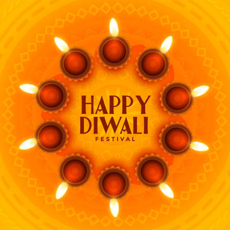 happy diwali background with diyas circular frameのイラスト素材