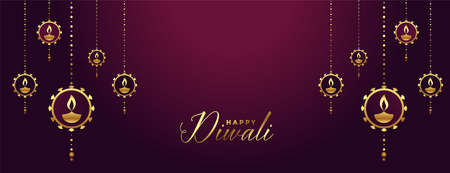 happy diwali banner with decorative golden diya artのイラスト素材