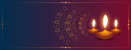 decorative happy diwali glowing diya banner design