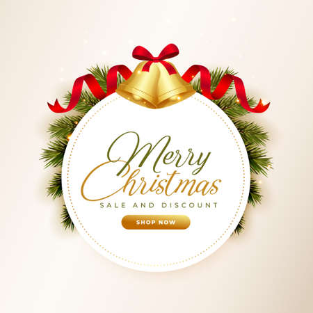 merry christmas sale background with realistic bell and tree leavesのイラスト素材