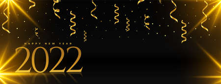 black and golden 2022 new year banner with falling confetti and light effect
