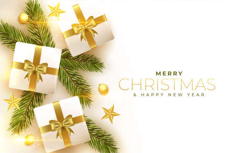 realistic merry christmas gift boxes and pine leaves card designのイラスト素材