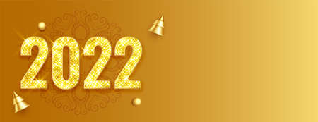 2022 golden glitter numbers with christmas tree and text space banner