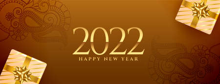 luxury 2022 golden new year ethnic style banner with realistic gift box