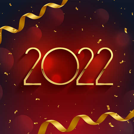 2022 celebration wishes greeting with falling confetti in golden and red color background