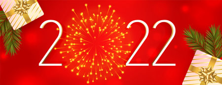 2022 new year celebration banner with firework and realistic gifts boxes