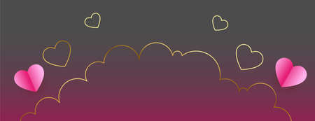 pink paper hearts with golden line clouds valentines day bannerのイラスト素材