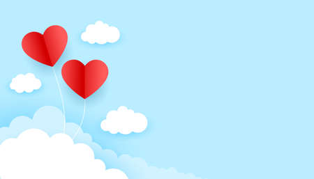 two red hearts in the sky valentines day background in paper styleのイラスト素材