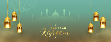 ramadan kareem golden lantern eid festival beautiful banner designのイラスト素材