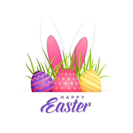 hiding bunny behind the grass and eggs easter backgroundのイラスト素材