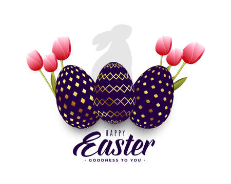 reallistic easter card with golden eggs and tulip flowersのイラスト素材
