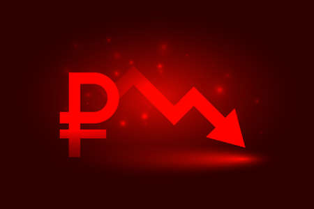 ruble currency falling with downward red arrowのイラスト素材
