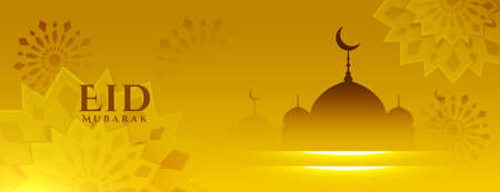 eid mubarak shiny golden banner with mosque and light effect