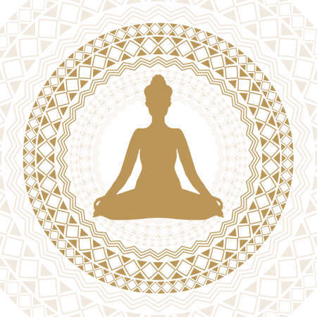 female sihouette with yoga pose background with mandala decorationのイラスト素材