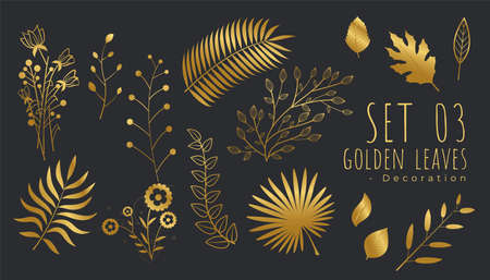 big set of luxury golden leaves for decorationのイラスト素材