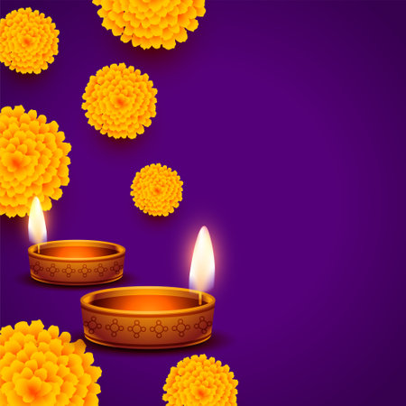 diwali greeting background in flat purple color with floral and diya designのイラスト素材