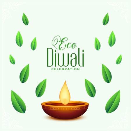 realistic diya and leaf design for green diwali occasion backgroundのイラスト素材