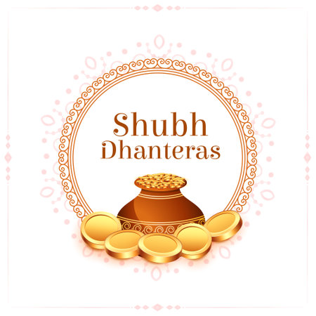 shubh dhanteras religious poster with golden coin and kalashaのイラスト素材