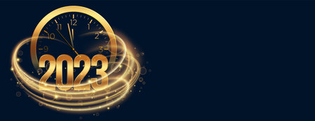 golden light streak 2023 new year banner with clock design vector