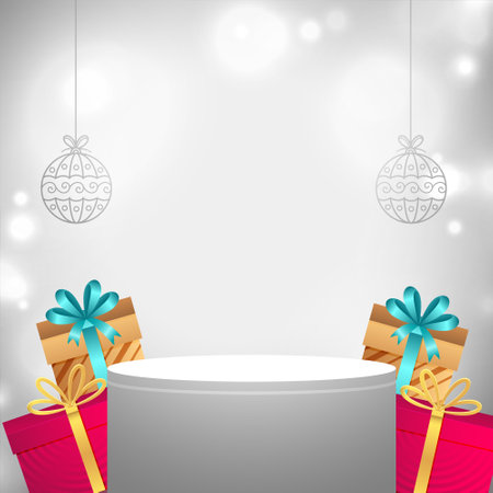 3d podium with realistic gift box design on grey backgroundのイラスト素材