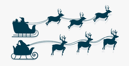 set of isolated santa claus flying on sleigh with reindeer design for xmasのイラスト素材