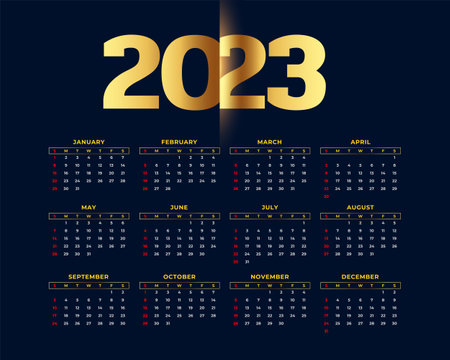 golden 2023 printable calendar for office desk vectorのイラスト素材