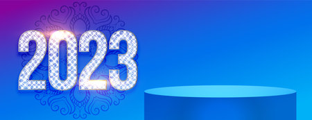 3d podium design with 2023 silver sparkle text for new year banner vector