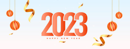 happy new year 2023 decorative banner with bauble and confetti vector