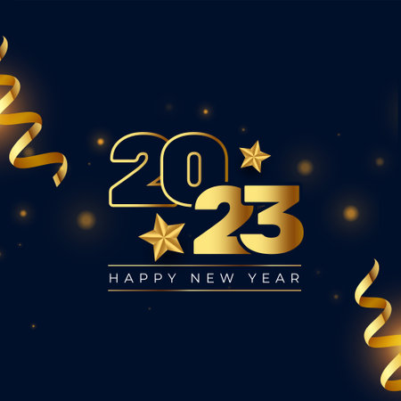 happy new year 2023 invitation poster with golden star and ribbon designのイラスト素材