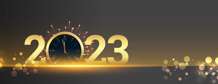 happy new year 2023 banner with clock and bokeh light effect vector