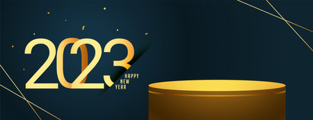 happy new year banner with golden 2023 text and 3d podium vector