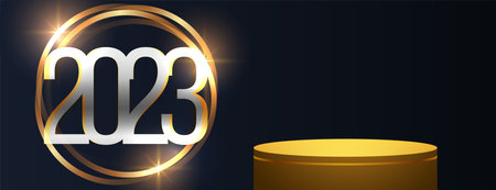 2023 new year banner with shiny frame and 3d podium vectorのイラスト素材