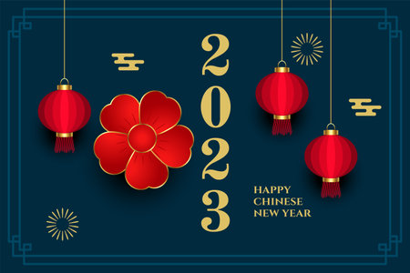 2023 chinese new year background with red flower and lantern vector