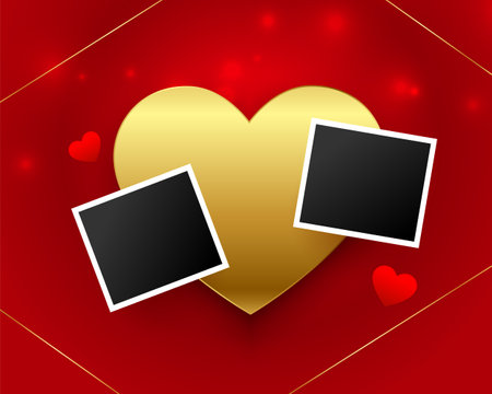 valentines day golden heart background with couple photo frame vectorのイラスト素材