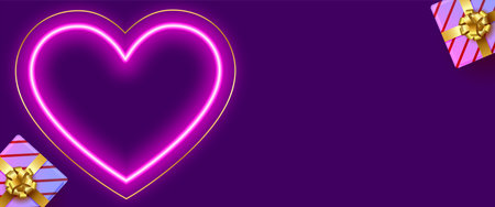 glowing neon heart on purple banner with giftbox and text space vectorのイラスト素材