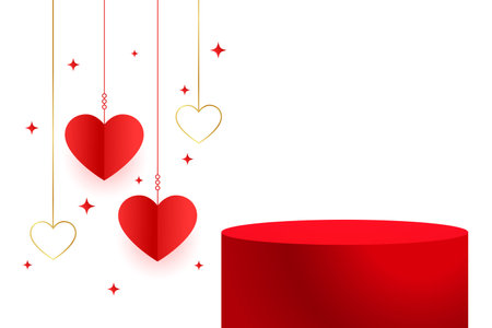 3d podium platform with hanging hearts for valentine's day event vectorのイラスト素材