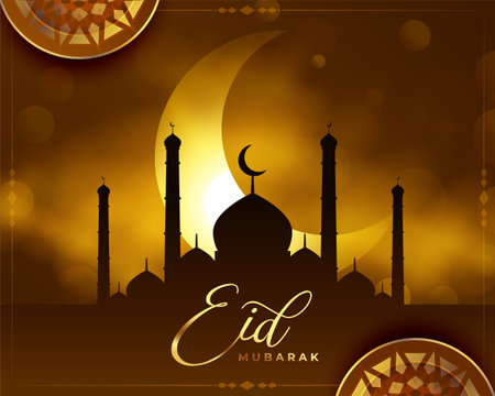 eid mubarak holiday background with shiny moon and mosque vectorのイラスト素材