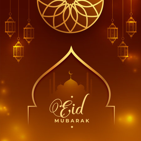 muslim eid mubarak shiny background with lantern and mosque vectorのイラスト素材