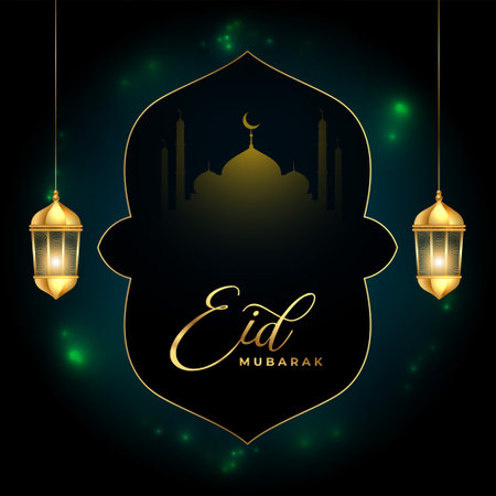 eid mubarak greeting background with mosque and glowing lamp vectorのイラスト素材