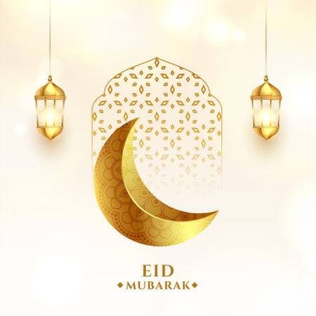 golden shiny moon eid mubarak background with hanging lantern vectorのイラスト素材
