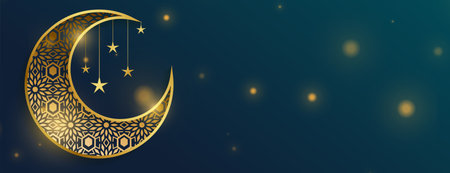 celebrate eid-ul-fitr occasion shiny banner with golden arabic crescent design vectorのイラスト素材