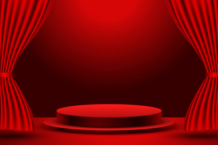 3d podium platform for product display with red cinema curtain vectorのイラスト素材