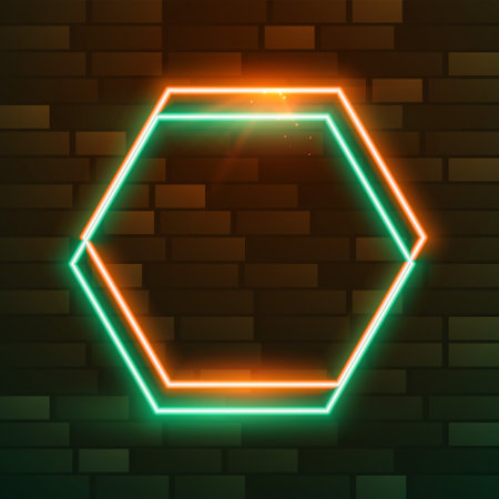 luminous hexagon neon frame background with wall backdrop vectorのイラスト素材