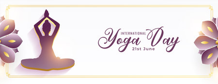 stylish and shiny international yoga day poster with flower decoration vectorのイラスト素材