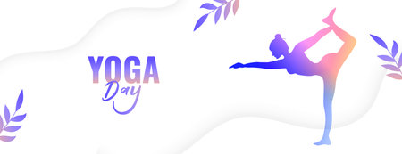shiny yoga day event banner with posture and leaves design vectorのイラスト素材