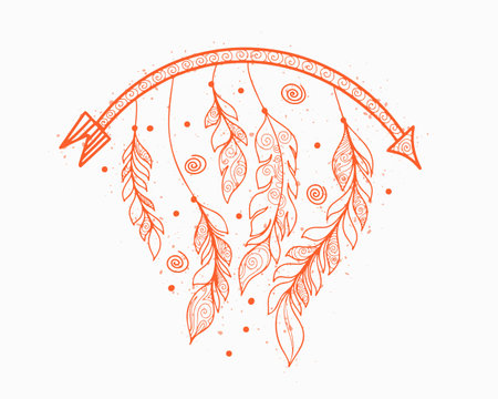 line style boho arrow and feather background for decorative wall art vectorのイラスト素材