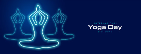 glowing neon style international yoga day poster with meditation posture vectorのイラスト素材